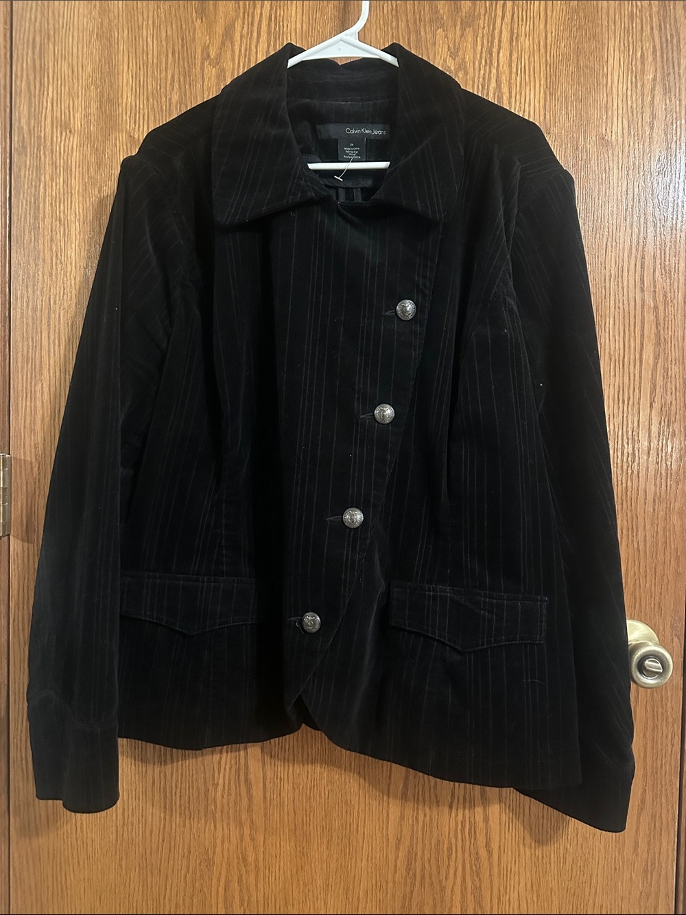 Calvin Klein Black Pinstripe Velvet Blazer with Silver Buttons